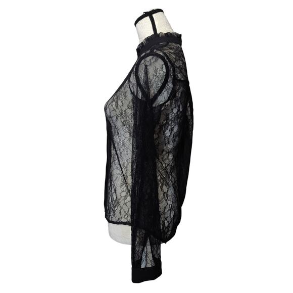 Bebe Women's Sz XS Black Sheer Lace Button Up Shirt Ruffle High Neckline - Picture 5 of 6